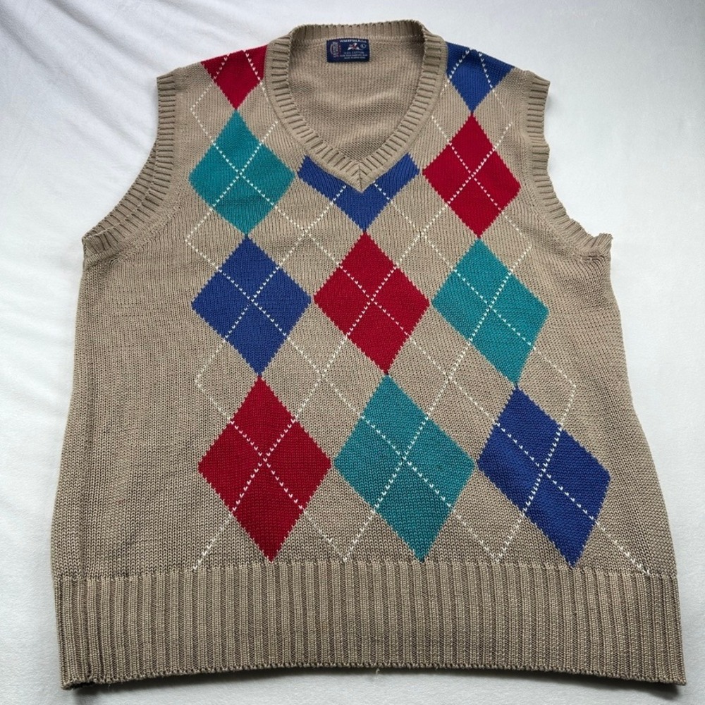 Wakefield Co Kenneth Gordon Mens L Argyle V Neck Sweater Vest Tan Brown Vintage - Picture 10 of 16